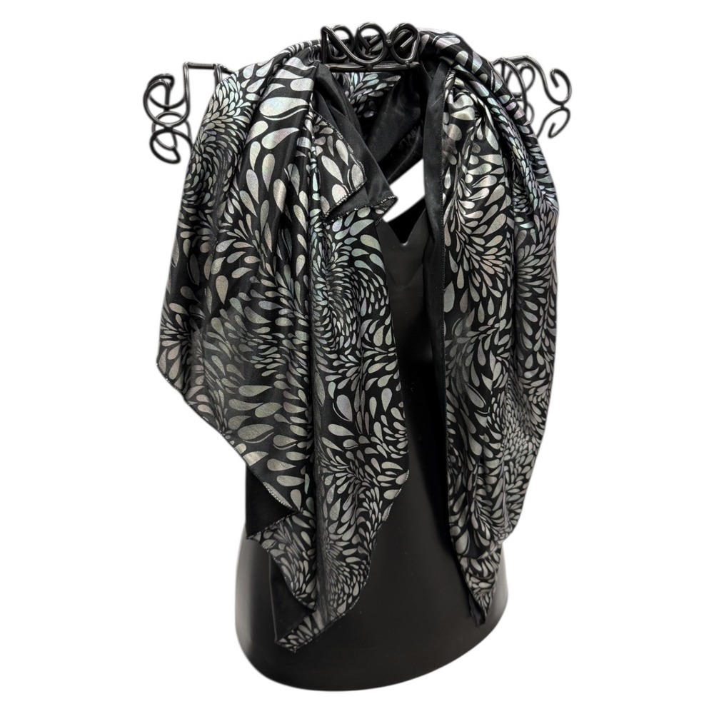 Womens Black Metallic Silver Patterned Polyester‎ Scarf Wrap